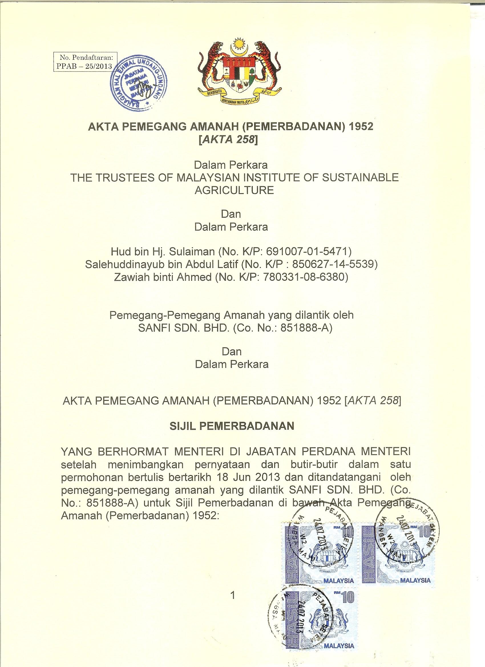 MISA Registration Certificate Page 1